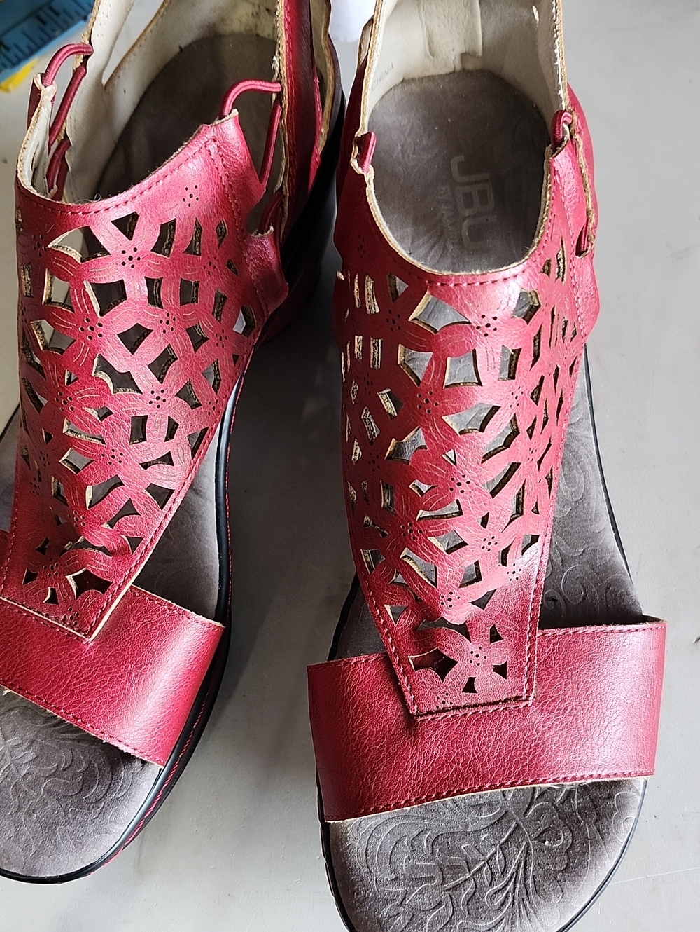 JBU Red Laser-Cut Slingback Sandals